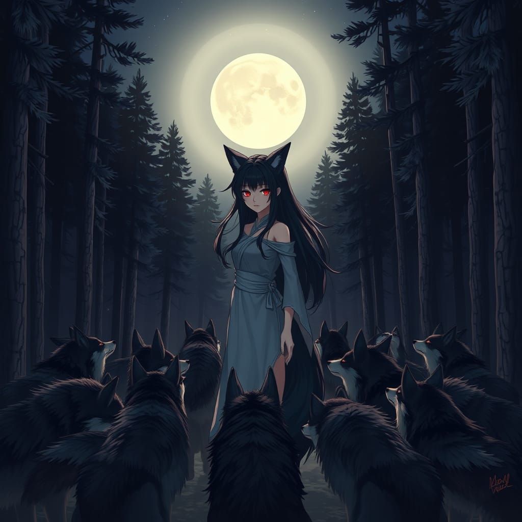 Wolf-Girl Huntress in Moonlit Forest, Anime-Inspired
