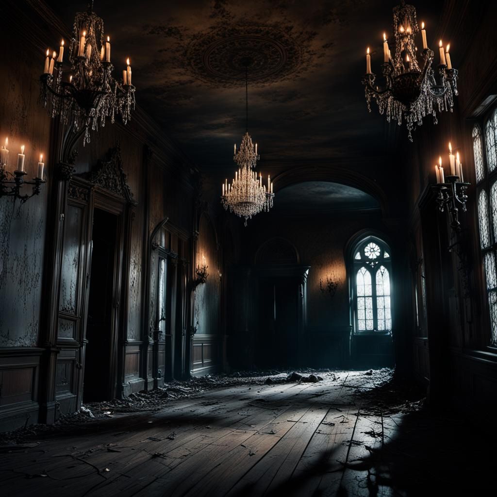 A haunted house interior filled with spooky details