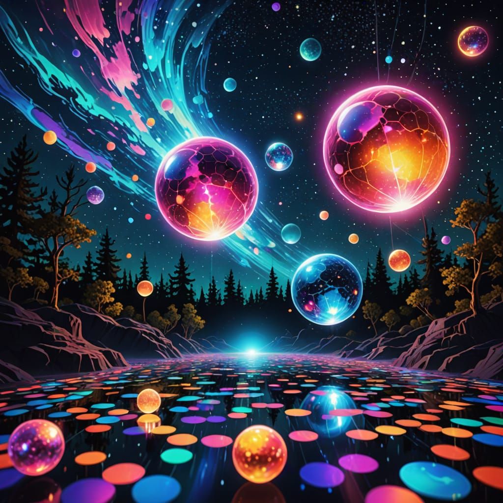 Cosmic Holographic Disco Scene in Vibrant Iridescent Colors