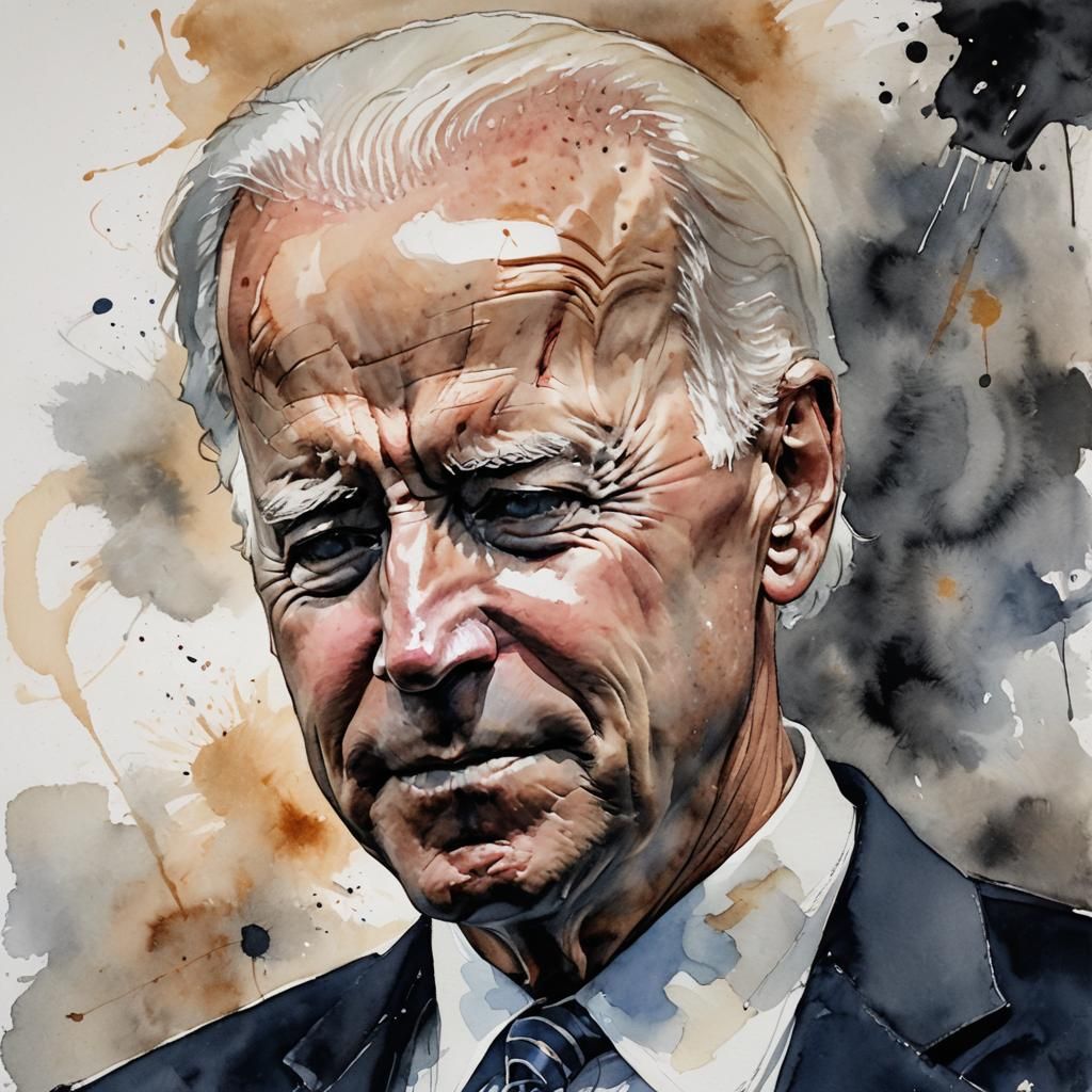 A photo of a watercolor painting of Joe biden with her head slightly bowed, gracefully playing guitar. The background is...
