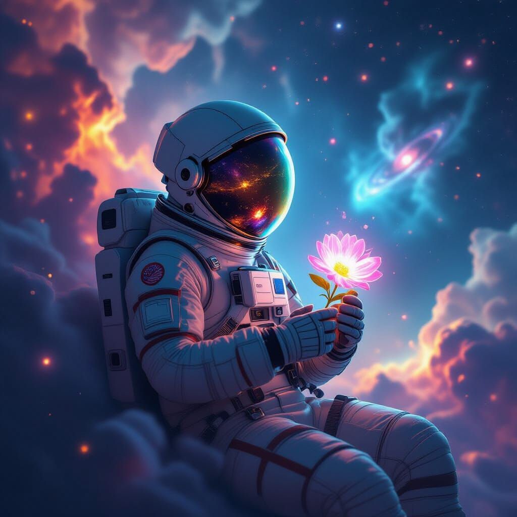 Astronaut Drifting in Nebula with Bioluminescent Flower