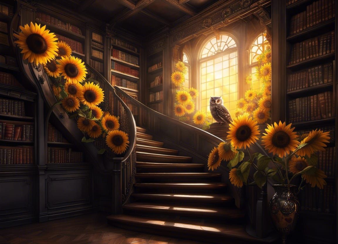Books, sunflowers and a single owl
