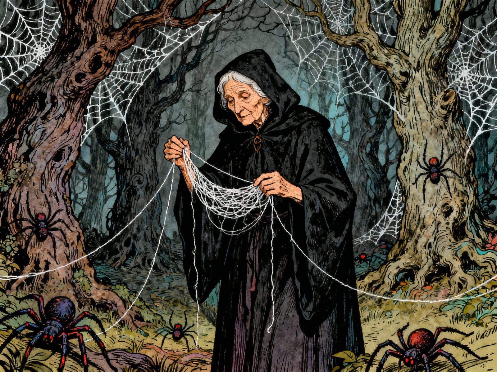 Fairytale Weaver in Spooky Forest with Spider Silk