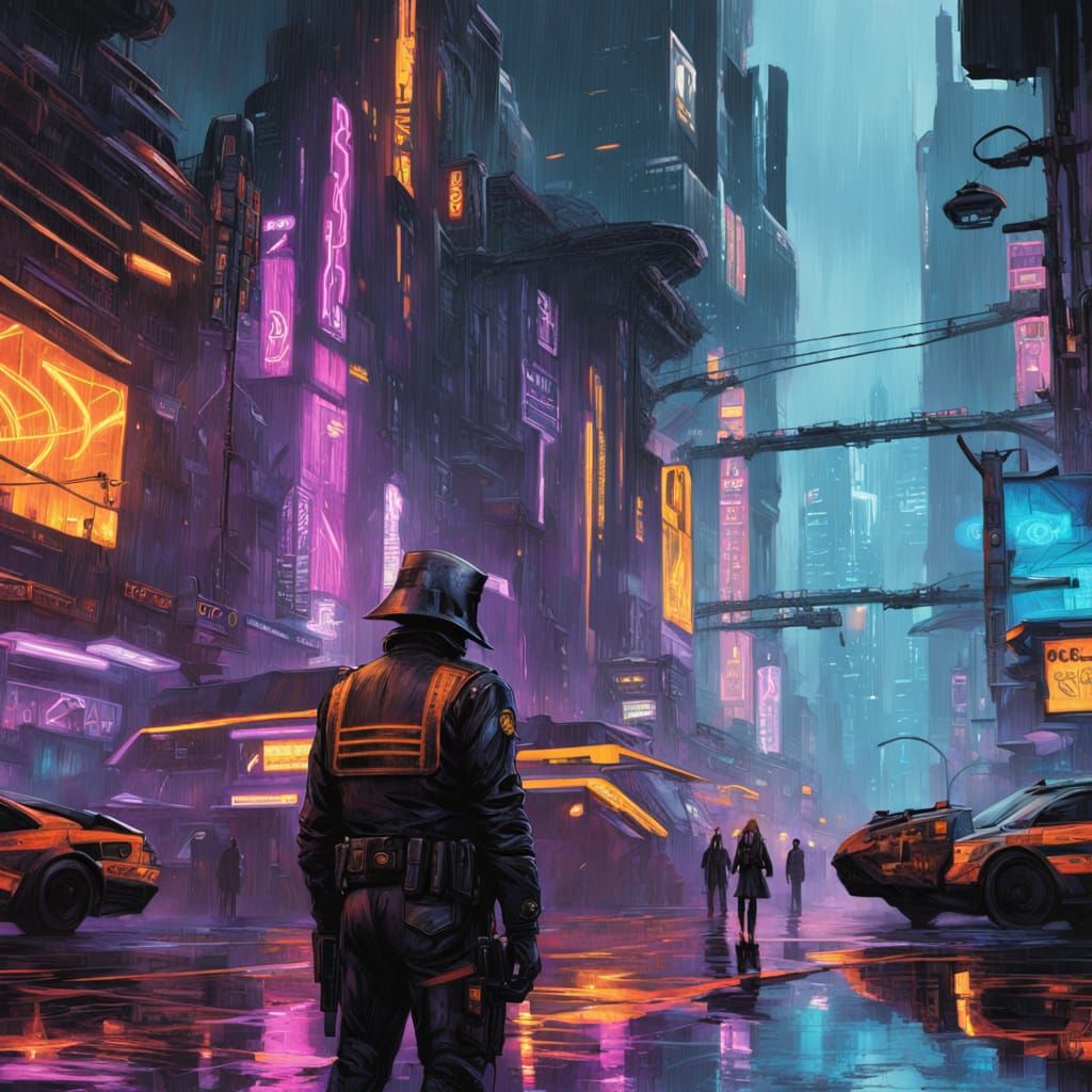 Gothic Cyberpunk Police Officer in a Dark Cityscape
