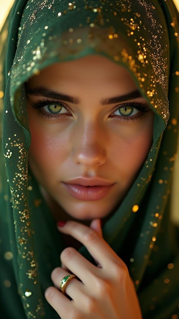 Cinematic Portrait of Woman in Embroidered Veil