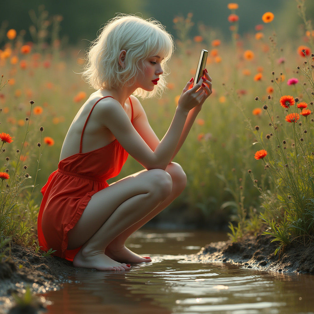 Albino Woman Applying Lipstick in a Meadow