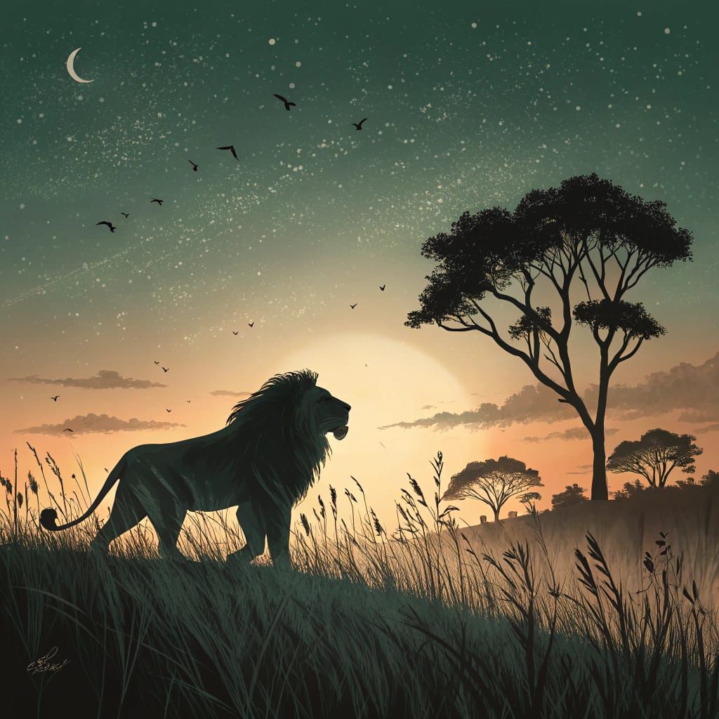 Lion Silhouette in Grassy Field with Orange Sky