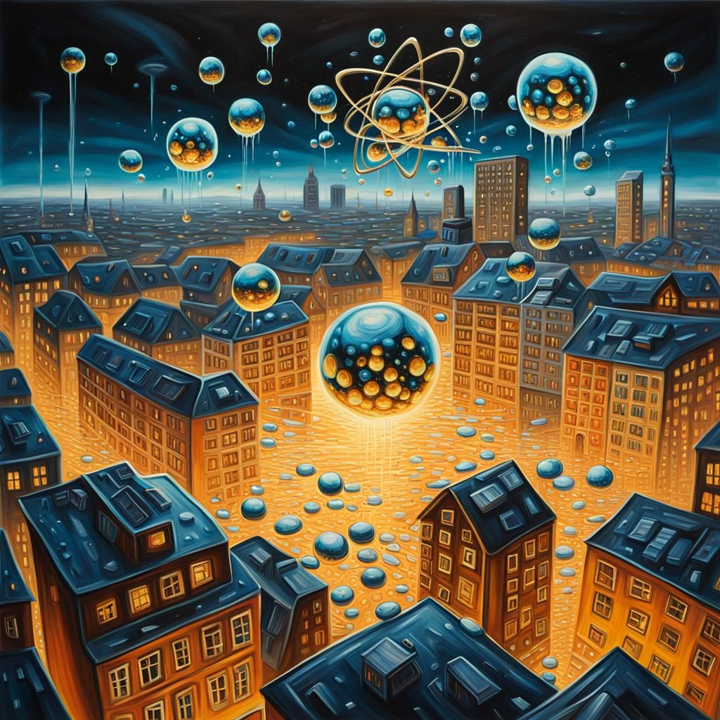 Ethereal Atom Sails Over a Melting Metropolis in a Dreamlike...