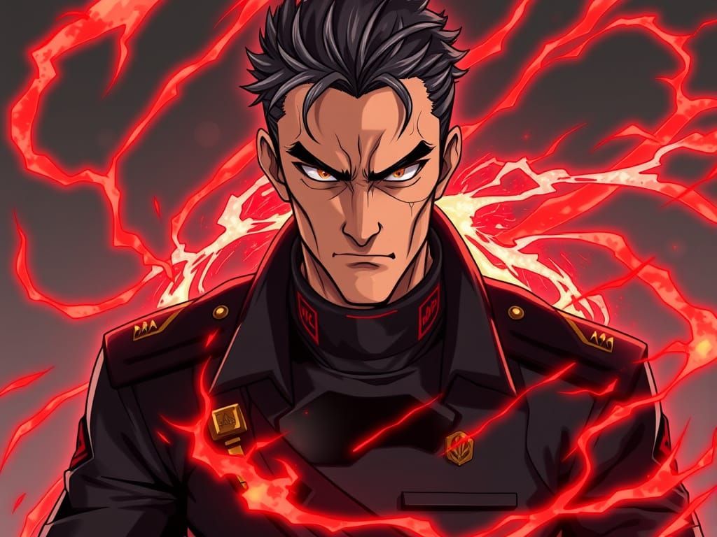 Stern Military Man in Anime Style with Energy Shield