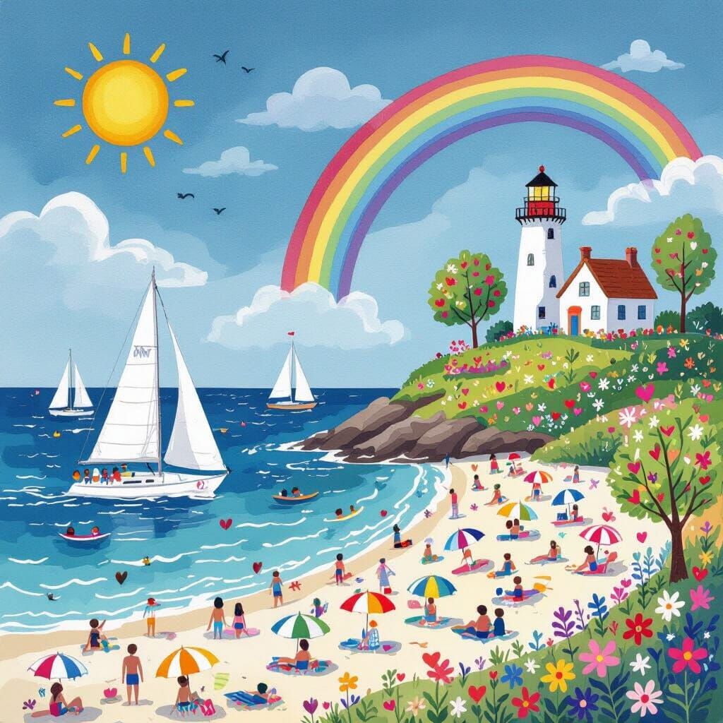 Sailing Race on Tidal Sea in Folk Art Style