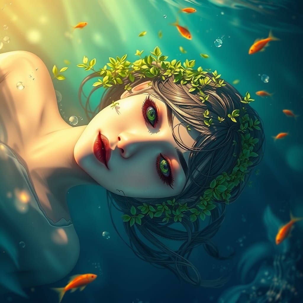 Hyperrealistic Woman-Island in Vibrant Aquatic Scene