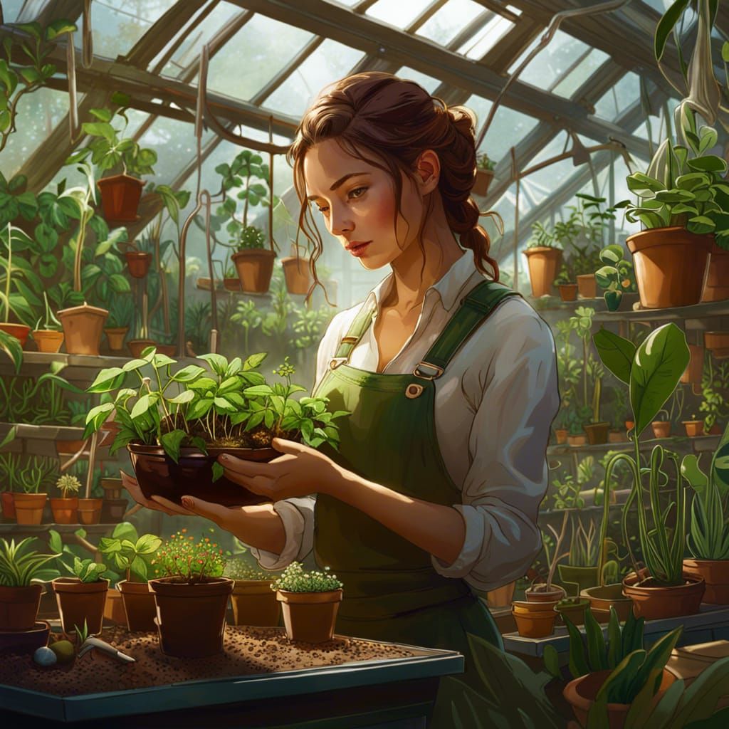 Gardener Girl Repotting Plants: Digital Illustration