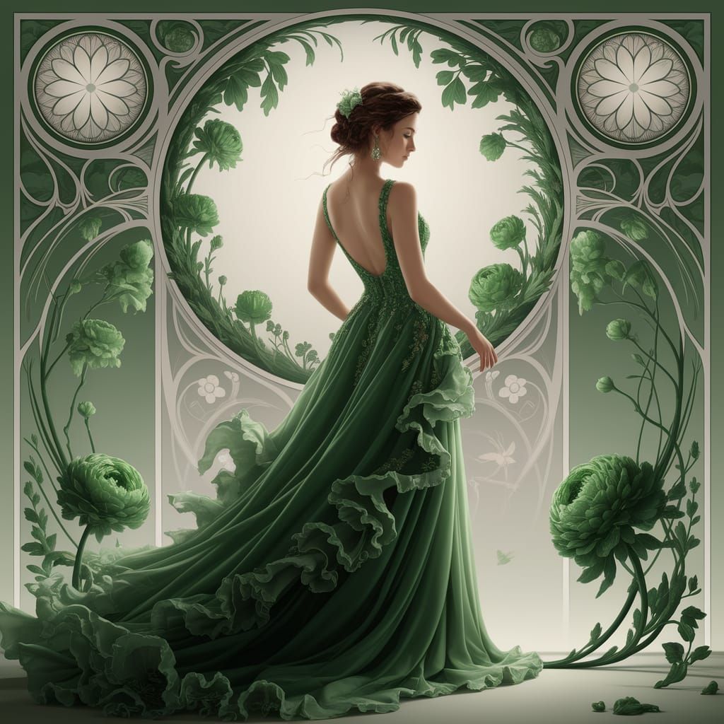 Art Nouveau Woman in Emerald Gown