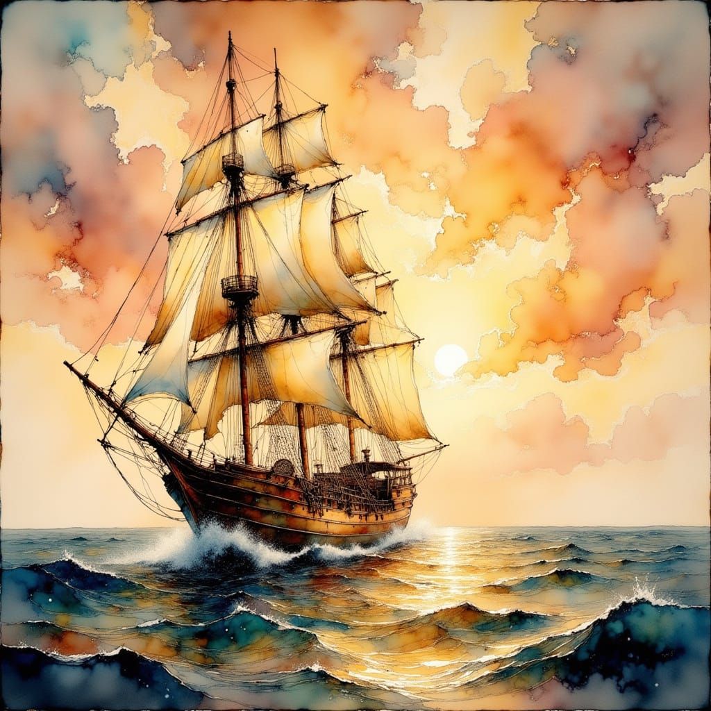 Clipper Ship at Sunset in Maritime Art Style