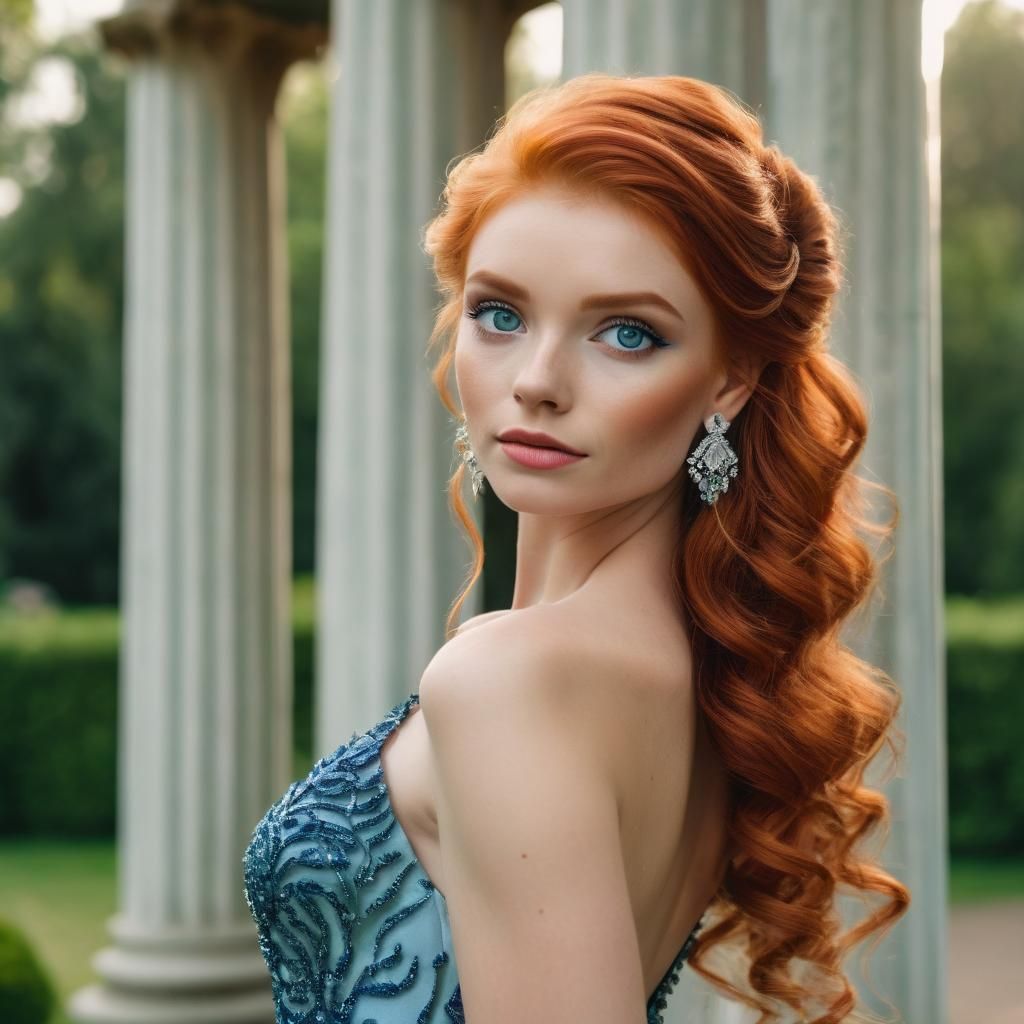 Red-Haired Woman in Blue Gown in Garden