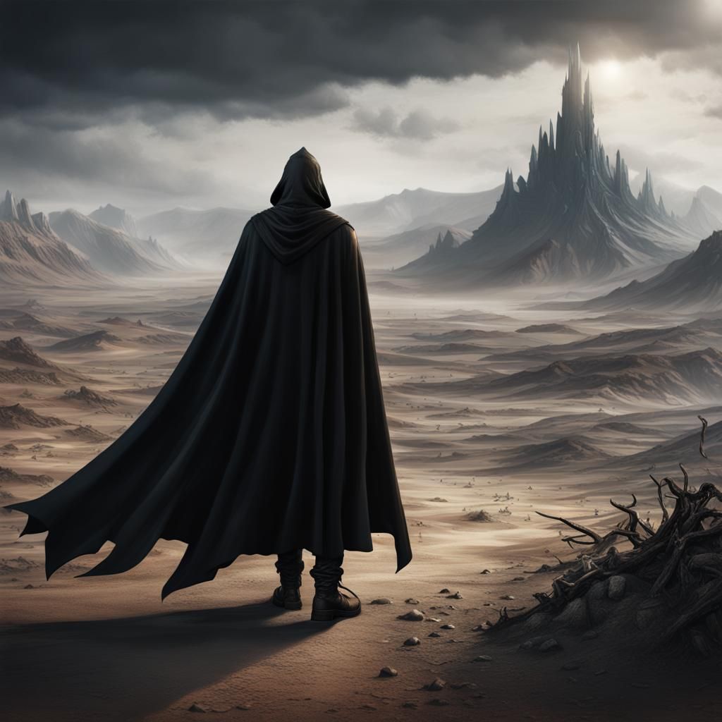 Desolate Wasteland: Hooded Figure in Detailed Matte Painting