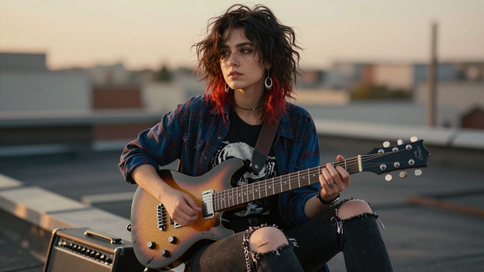Alternative Woman Plays Guitar on Rooftop in Golden Hour Lig...