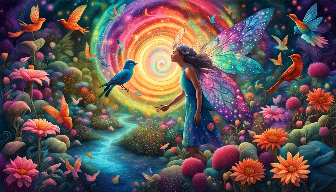 Fairy in Lush Garden with Cosmic Energy