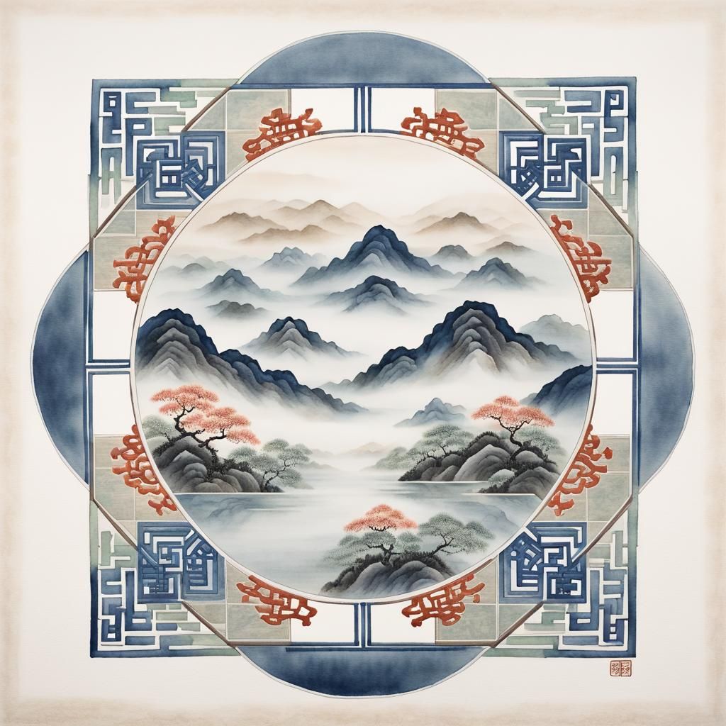 Chinese Mandala in Misty Mountain Landscape
