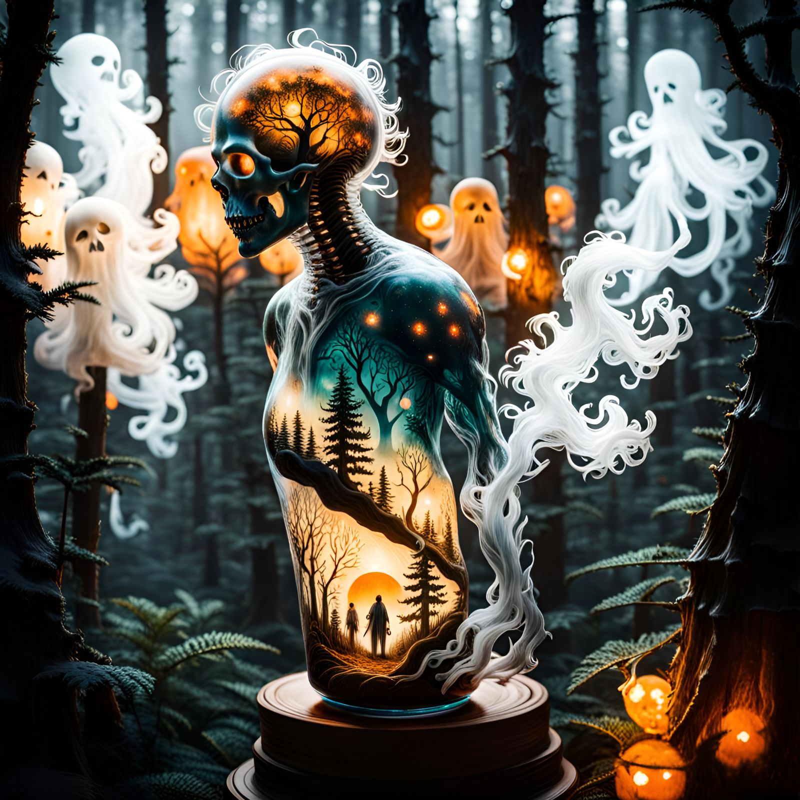 Magical Forest with Ghostly Figures in Watercolor Art