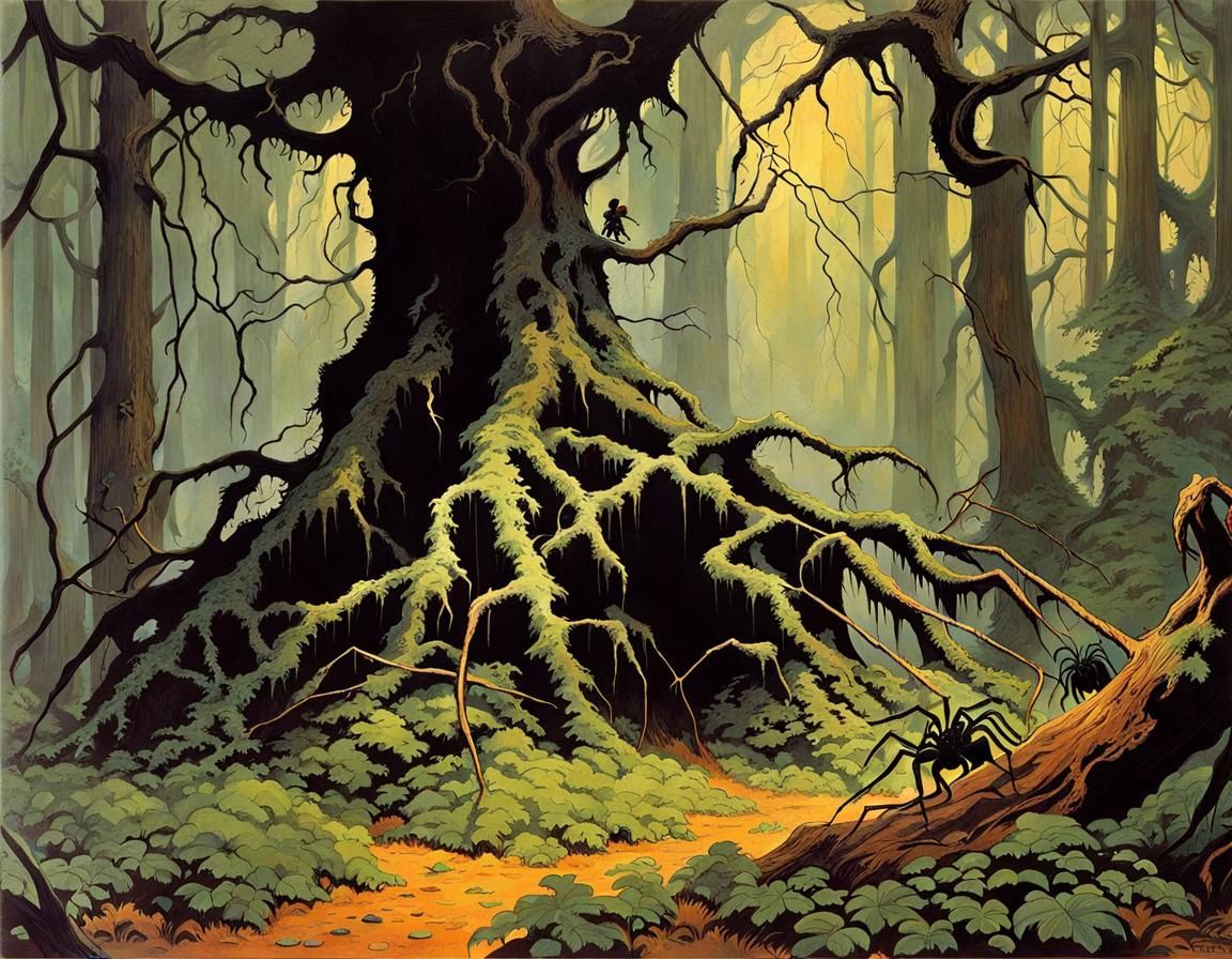 Giant Spiders in Cobwebbed Oak Forest