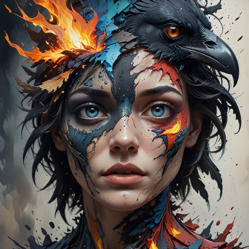 Surreal Raven: Fragmented Face in Mixed Media