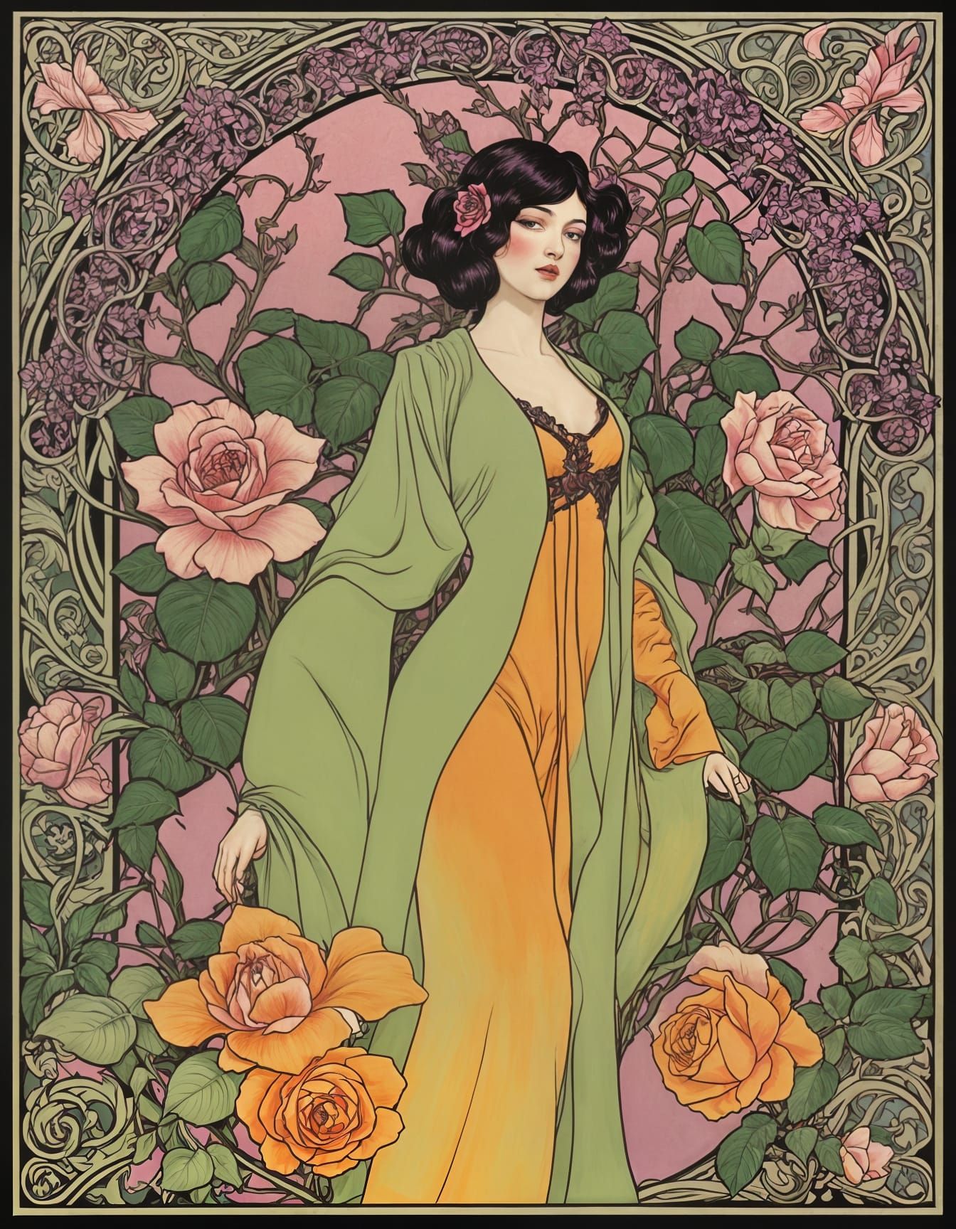 Art Nouveau Woman with Black-Rose Hair