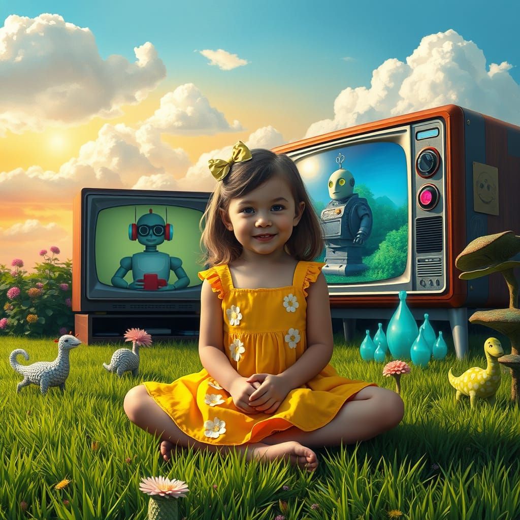 Whimsical Girl in Magical Garden Scene with Retro TV and Rob...