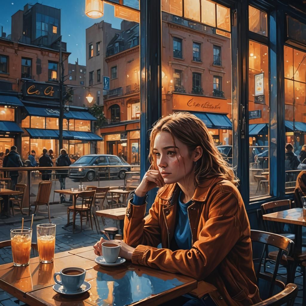 Cafe Window Evening Cityscape in Splash Art Style