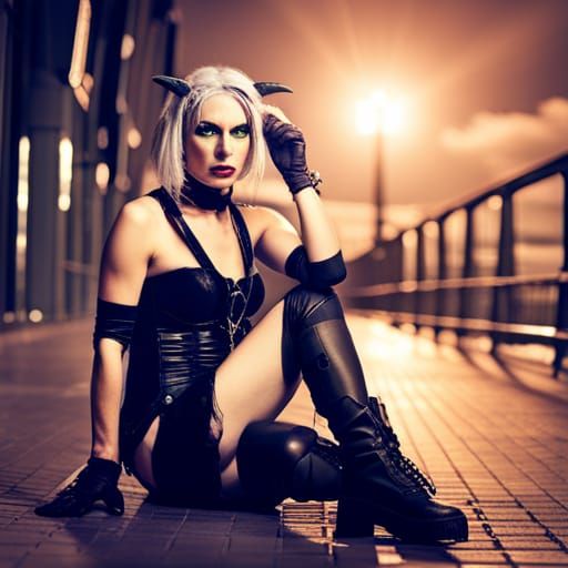Cyber Goth Elf in Night Cityscape