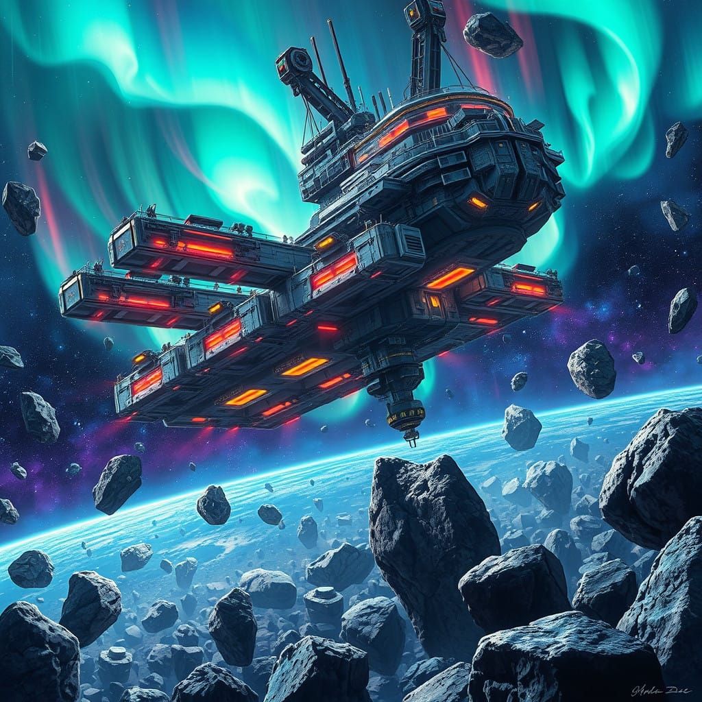 Cosmic Space Station Harvests Asteroids Amidst Vibrant Auror...