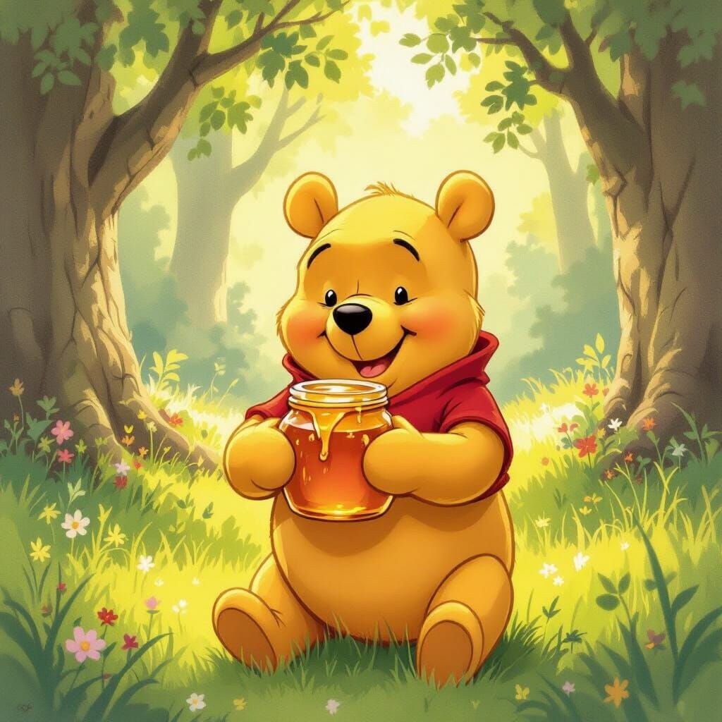 Winnie the Pooh Enjoys Honey in Hundred Acre Wood