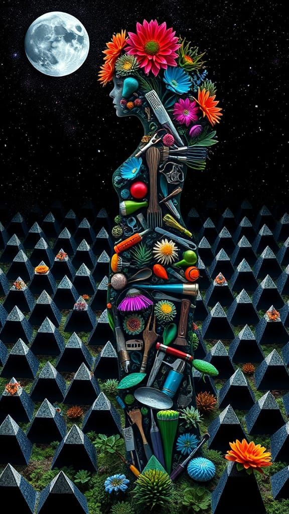 Woman Made of Kitchen Tools in Hyperdetailed Surreal Scene