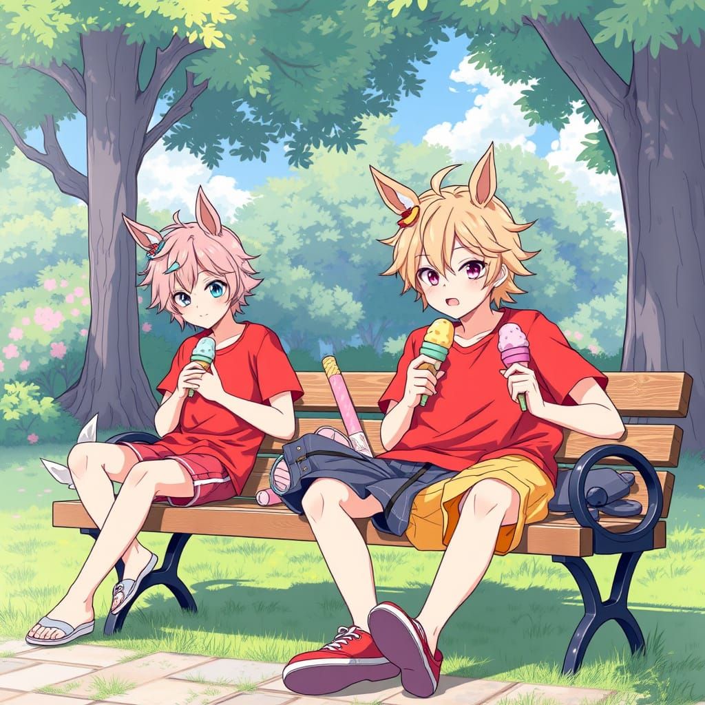 Adorable Anime Boys with Horse Ears Enjoy Summer Fun