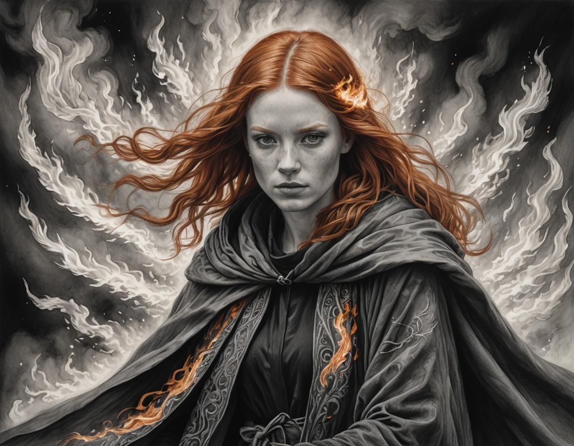 Redhead in Fiery Cloak: Hyperdetailed Charcoal Drawing