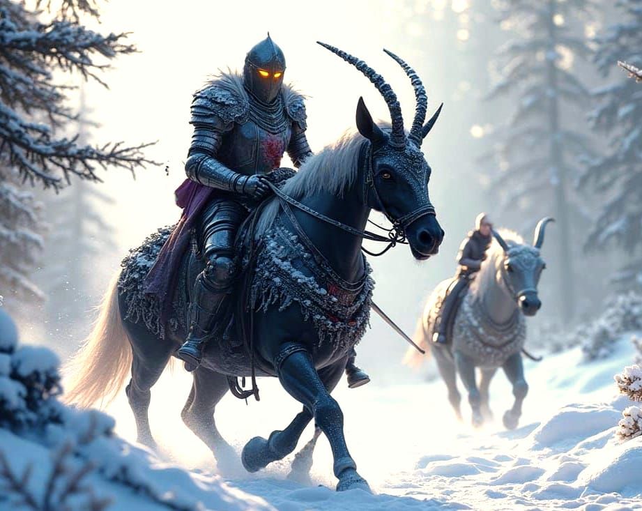 Epic Dark Fantasy Knight Pursues Wounded Centaur in Snowy La...