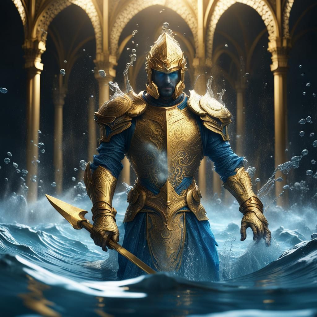 Water God in Gold Armor with Water Knives