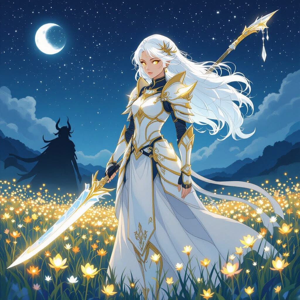 Celestial Warrior in a Starry Field, Anime Style