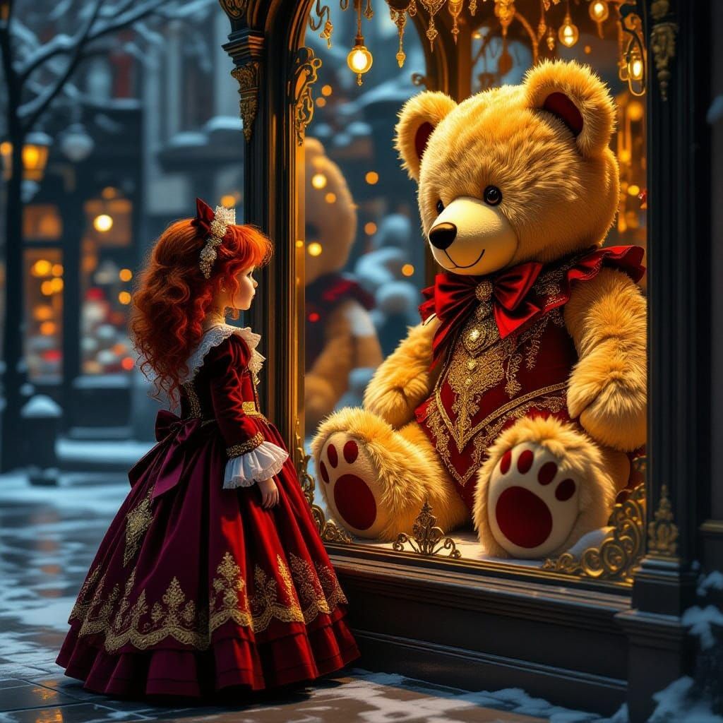Crimson Orphan Girl and Toy Bear in Dark Fantasy Style
