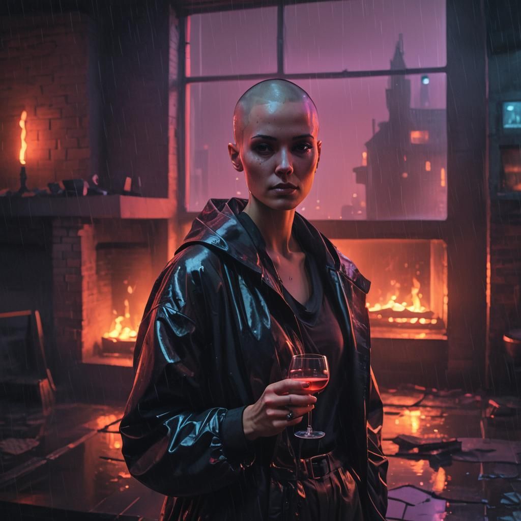 Cyberpunk Woman in Neon Noir Cityscape