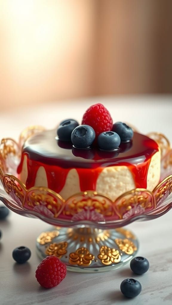 Ornate Glass Dish with Golden Filigree and Decadent Cheeseca...