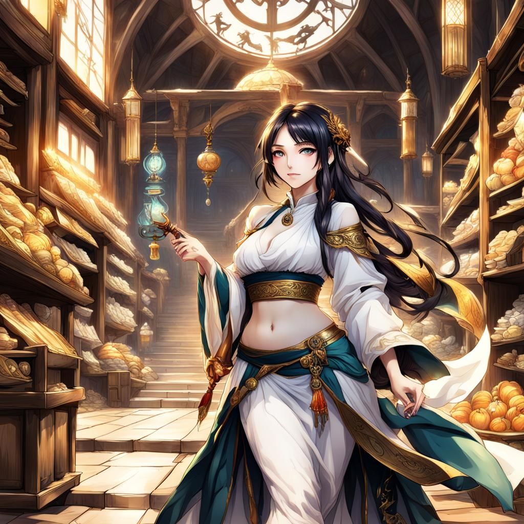 Mystical Anime Merchant Woman in Fantasy Setting