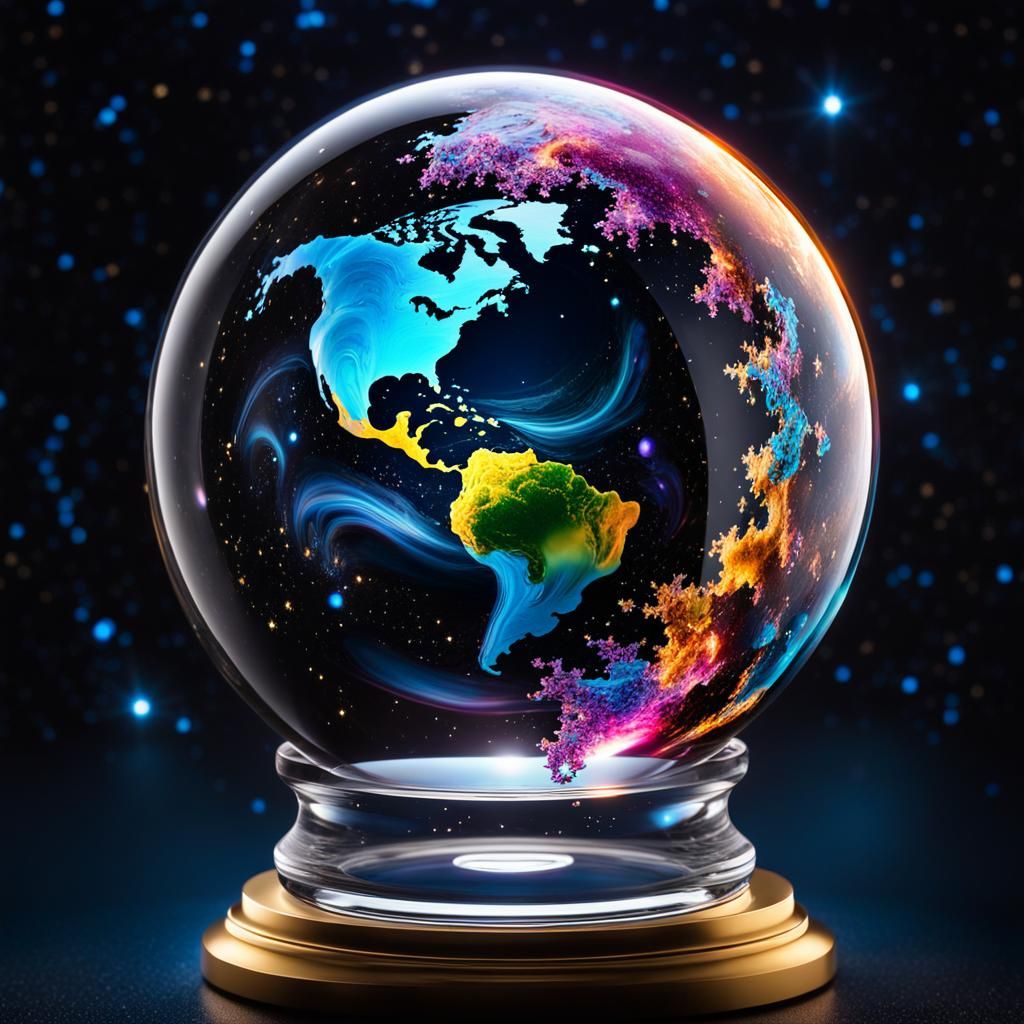 Melting Mandelbrot Planets in Glass Globe