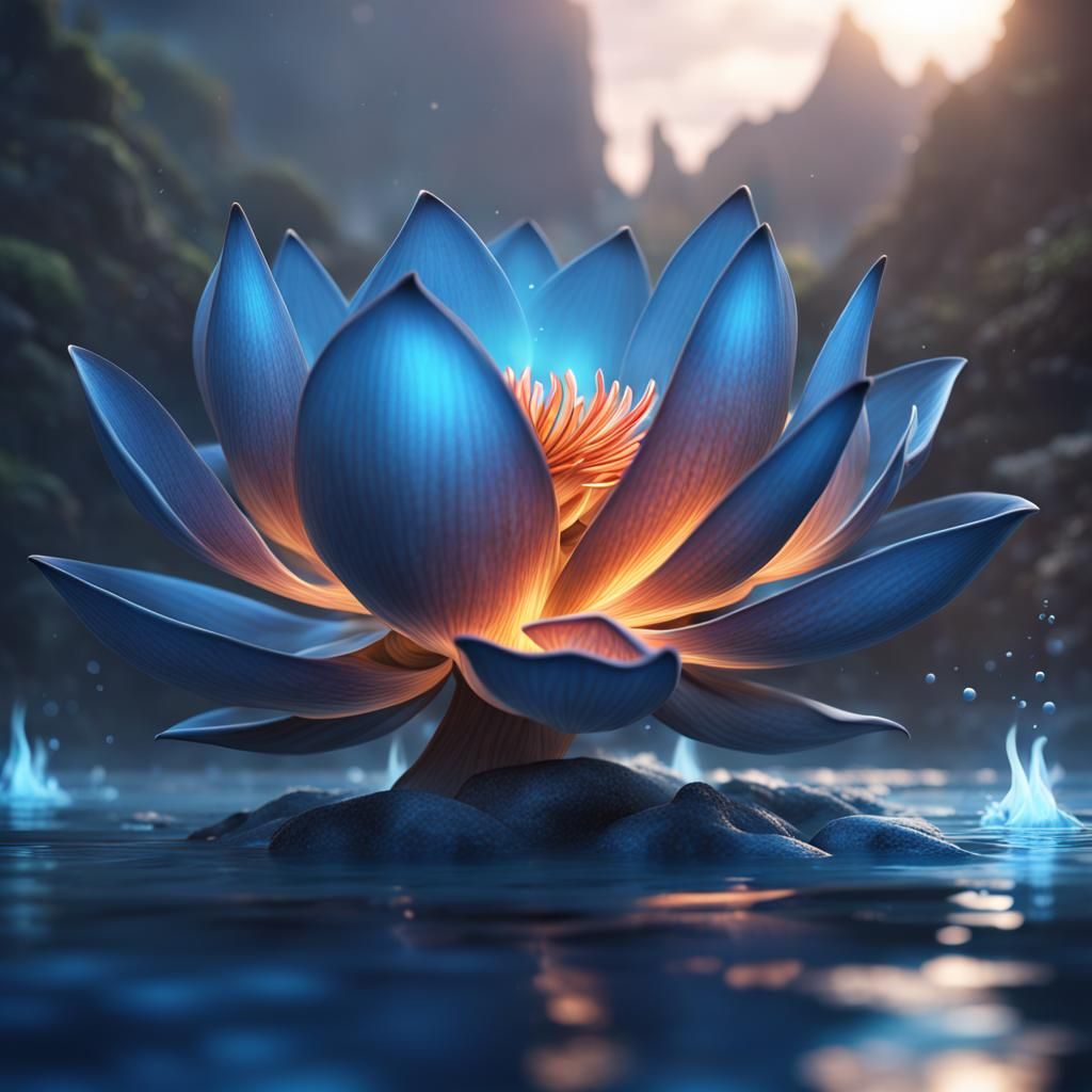 Blue Flames Lotus Flower Fantasy Art