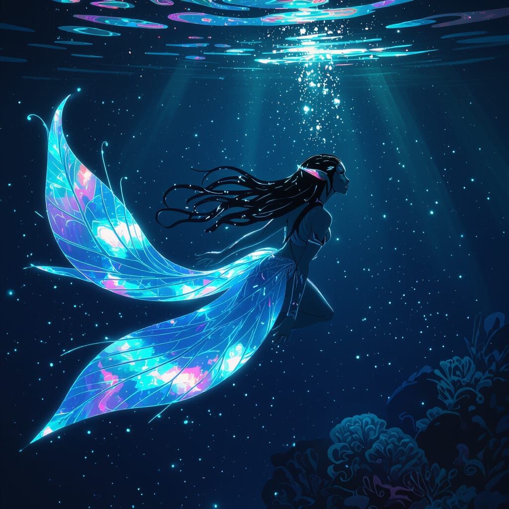 Na'vi Girl Swimming in Bioluminescent Ocean: Ethereal Sci-Fi...