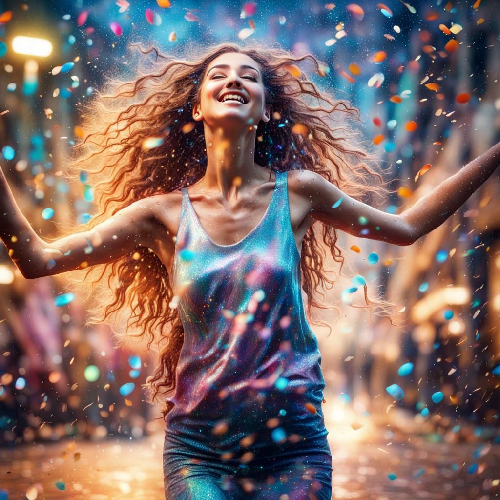 Woman Dancing in Confetti: Cosmic Astral Illustration