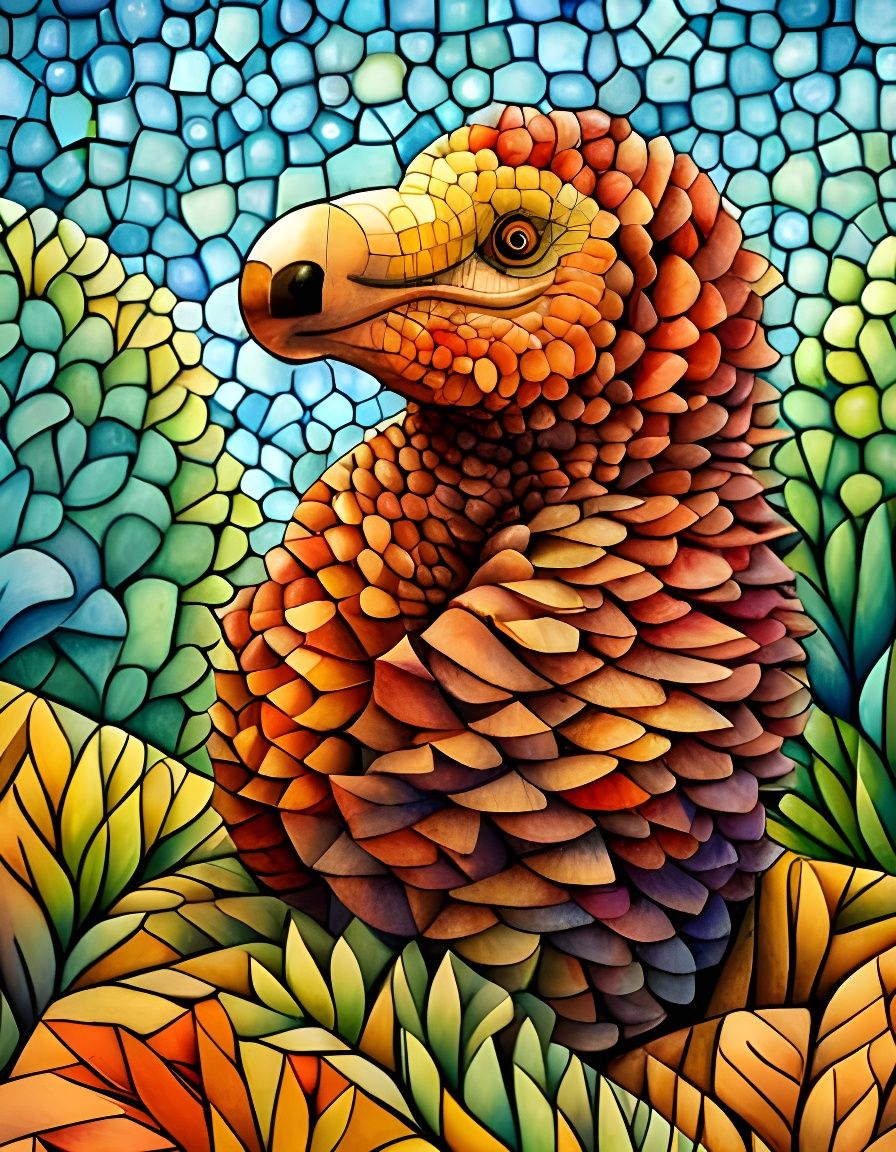Cubist Pangolin Watercolor Painting with Iridescent Details