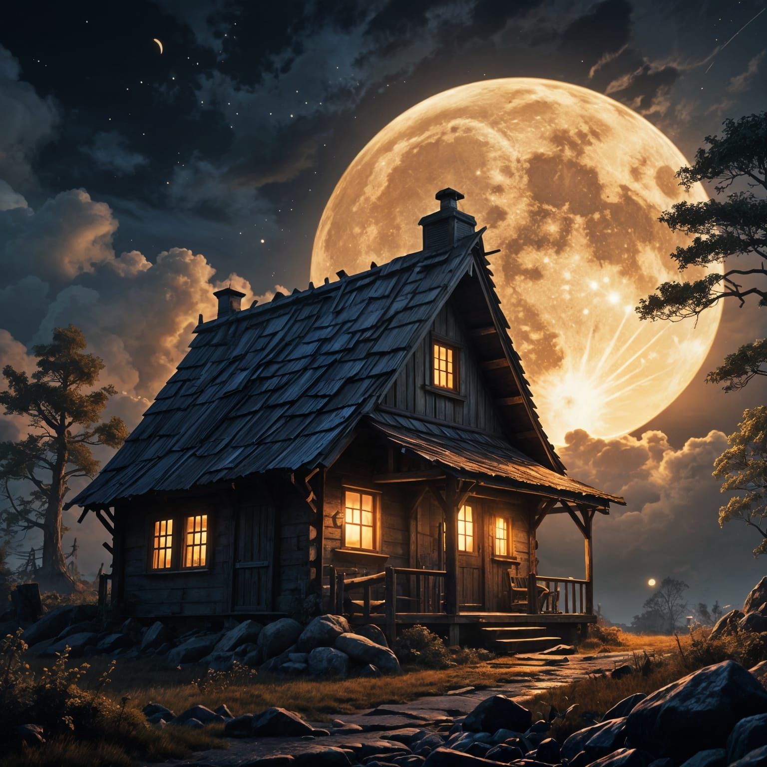 Fantasy Ramshackle Hut in Golden Moonlight