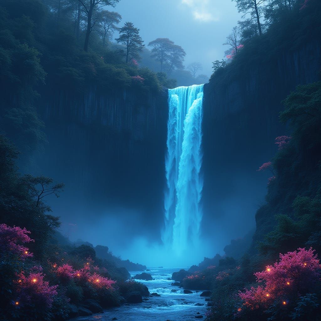 Bioluminescent Waterfall in Misty Forest, Ethereal Digital A...
