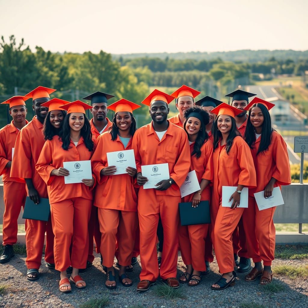Vibrant Prisoners Celebrate Graduation in Sunlit Landscape